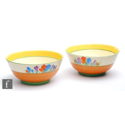 301 - Clarice Cliff - Crocus - A near pair of Havre shape fruit bowls circa 1936, both hand painted with C... 