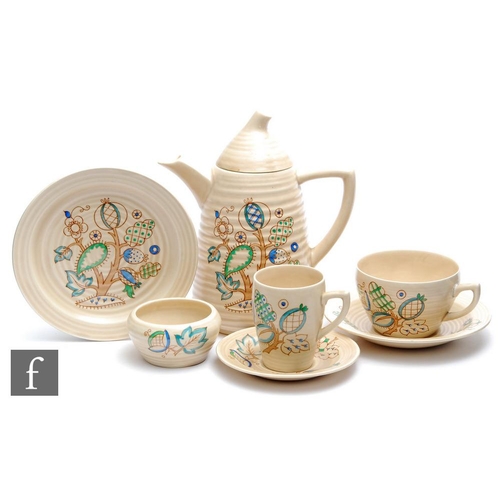 305 - Clarice Cliff - Embroidery - A group of Lynton shape table wares comprising a coffee pot, sugar bowl... 