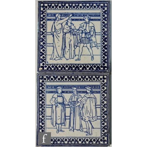 661 - E. Smith & Co (Coalville) - Two 8 inch tiles decorated with blue and white scenes of the Merchan... 