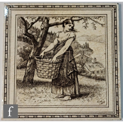 665 - William Wise - Minton - An 8 inch tile sepia decorated with a girl with apples in a basket, from the... 