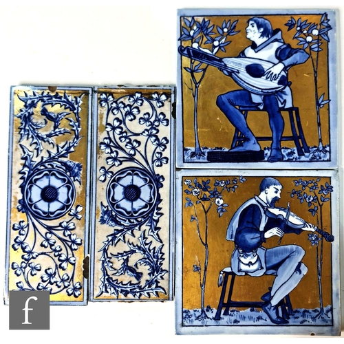 698 - Copeland - Two 6 inch tiles from the Musicians series in blue against a gilt ground, together with t... 