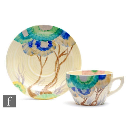 70 - Clarice Cliff - Viscaria - A Lynton shape tea cup and saucer circa 1935, hand painted with a stylise... 