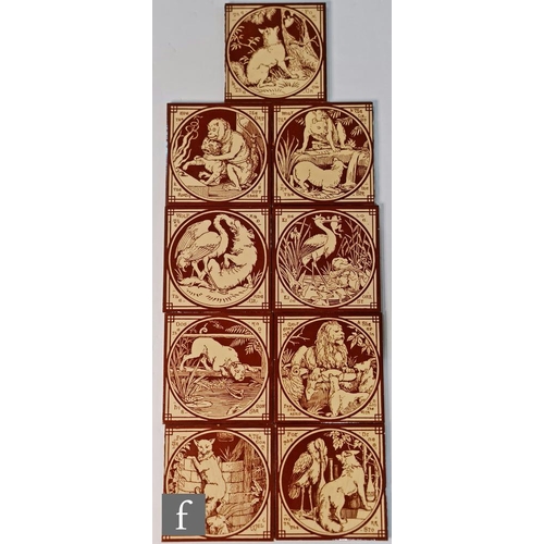 704 - John Moyr Smith - Minton - Nine 6 inch tiles from the Fables series, pattern 1364 comprising Calf go... 