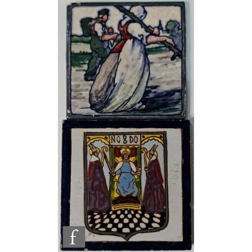 707 - Mensaque Rodriguez (Seville) - Two polychrome tiles, one 5.5 inch with a religious scene, the second... 