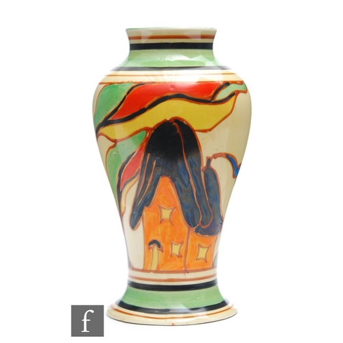 71 - Clarice Cliff - Orange House - A shape 14 Mei Ping vase circa 1930, hand painted with a stylised cot... 