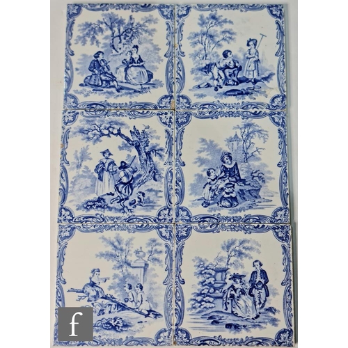 730 - Minton - Six 6 inch tiles from the Watteau series, pattern no. 12 each in blue and white. (6)