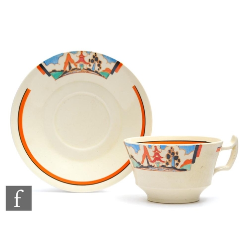 80 - Clarice Cliff - Kew - An Athens shape tea cup and saucer circa 1932, hand painted with a shoulder pa... 