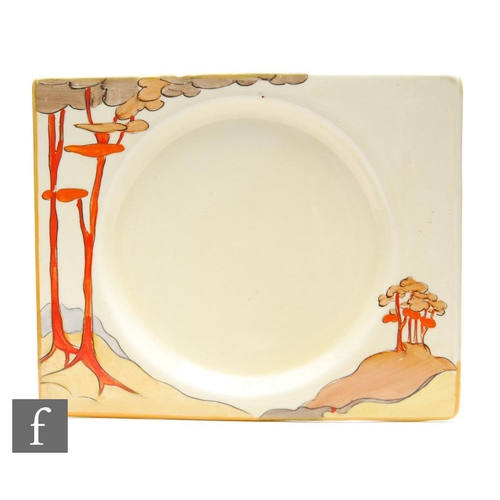 81 - Clarice Cliff - Coral Firs - A Biarritz shape side plate circa 1933, hand painted with a shoulder va... 