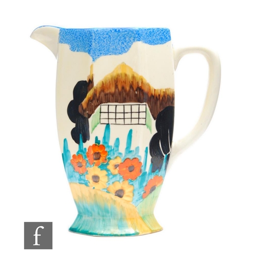 83 - Clarice Cliff - Tralee - An Athens shape jug circa 1935, hand painted with a thatched cottage to a g... 