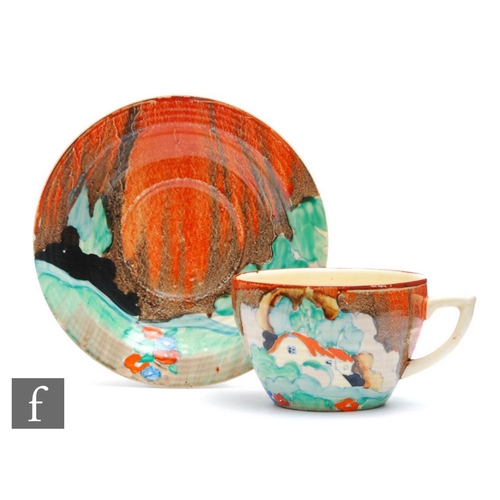 94 - Clarice Cliff - Forest Glen - A Lynton shape tea cup and saucer circa 1935, hand painted with a styl... 