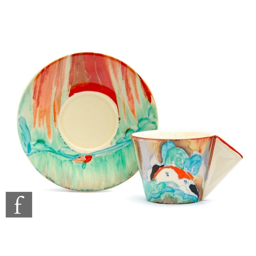 96 - Clarice Cliff - Forest Glen - A conical coffee cup and saucer circa 1936, hand painted with a stylis... 