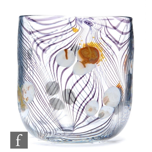 1205 - George Elliot - A contemporary studio glass vase, of cylinder form, decorated with black pulled thre... 