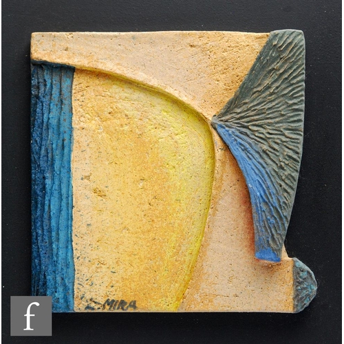 1209 - Mira - A contemporary abstract ceramic plaque in tones of blue and yellow, mounted to a square black... 