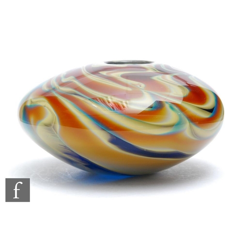 1252 - Peter Layton - A contemporary studio glass vase of squat ovoid form, decorated with ochre trails ove... 