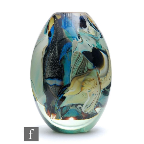 1254 - Mark Russell - A contemporary art glass vase, internally decorated with abstract layers of multicolo... 