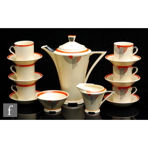 566 - Royal Doulton - A 1930s Art Deco Royal Doulton Tango pattern coffee set comprising coffee pot, milk ... 