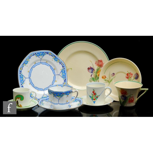 570 - Royal Doulton - Two 1930s Art Deco trios and two 1930s cans and saucers decorated in patterns Leondr... 