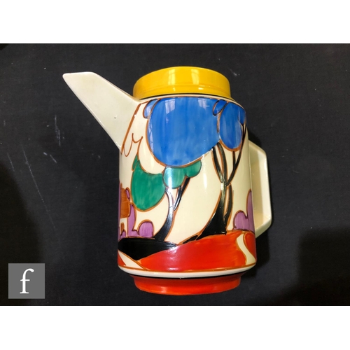 121 - Clarice Cliff - Blue Autumn - A small size Eton coffee pot of cylindrical form with angular handle a... 