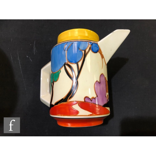 121 - Clarice Cliff - Blue Autumn - A small size Eton coffee pot of cylindrical form with angular handle a... 