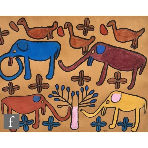 1154 - Katala Flai Shipipa (Angolan, 1954) - Elephants and Birds, gouache, signed with monogram, framed, 62... 