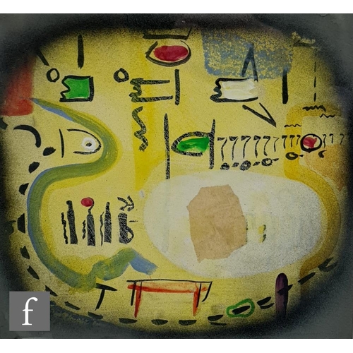 1246 - Unknown - Yellow disc with symbolic marks, ink and gouache, framed, 33cm x 35cm, frame 64cm x 54cm.