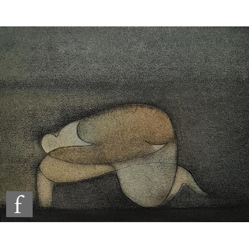 906 - Muriel Sinclair (born 1924) - Crouching Figure, mixed media of wax and pastel on paper, framed, 21cm... 