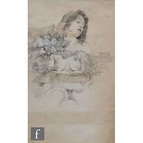 1131 - Russel (contemporary) - Erotic study of a female nude, pencil drawing, signed, framed, 24cm x 15cm, ... 