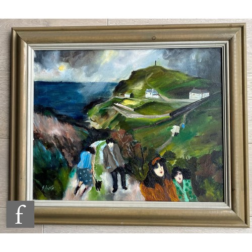 1103 - Gill Watkiss - Approaching Storm, Cape Cornwall, windswept figures walking to a coastline with cotta... 