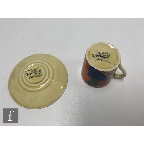 177 - Clarice Cliff - Melon - A Tankard shape coffee can and saucer circa 1930, hand painted with a band o... 