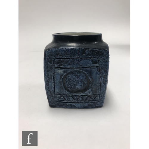 865 - Troika Pottery - A cube shaped marmalade pot decorated by Sue Lowe with carved and incised decoratio... 