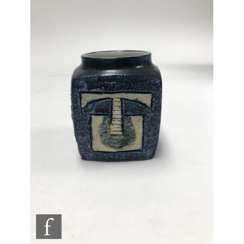 865 - Troika Pottery - A cube shaped marmalade pot decorated by Sue Lowe with carved and incised decoratio... 