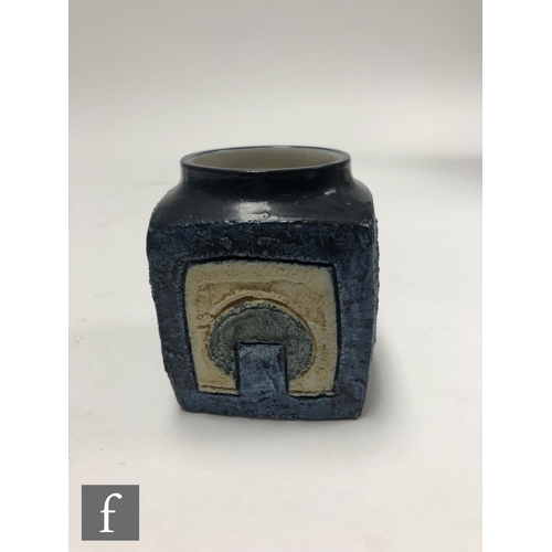 865 - Troika Pottery - A cube shaped marmalade pot decorated by Sue Lowe with carved and incised decoratio... 