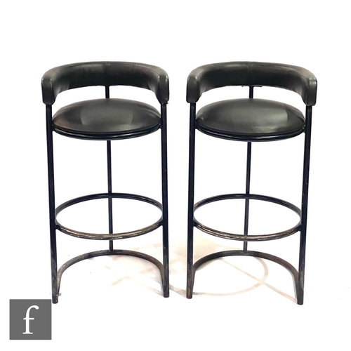 1263 - Morris of Glasgow - A set of four circular seated bar counter stools with rail backs over tubular st... 