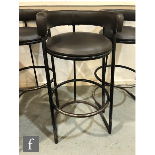 1263 - Morris of Glasgow - A set of four circular seated bar counter stools with rail backs over tubular st... 