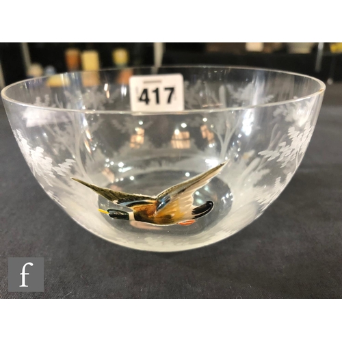 417 - Moser - A pair of clear crystal finger bowls, of circular form decorated with engraved tree landscap... 