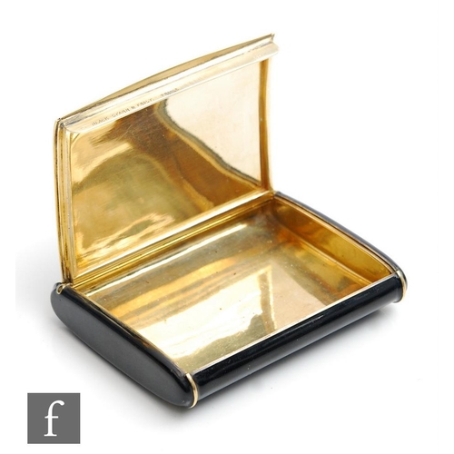 401 - A French silver gilt and black enamel cushioned rectangular case of plain form, the edge of the hing... 