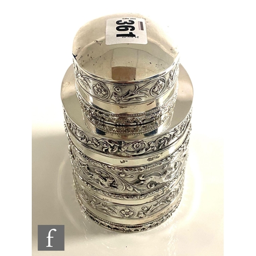 361 - A hallmarked silver oval tea caddy with banded embossed foliate scroll decoration to body and pull o... 