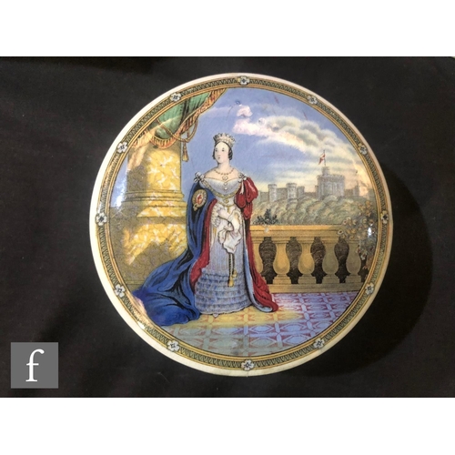 140 - Two late 19th Century Staffordshire pot lids and bases, the first with Queen Victoria on Balcony, th... 