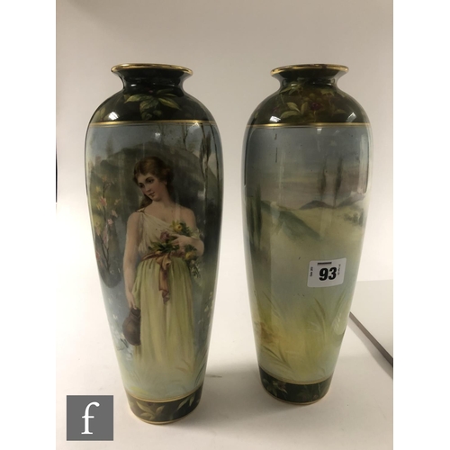 93 - A mirrored pair of early 20th Century Royal Bonn Art Nouveau vases decorated by J. Sticher with a ha... 