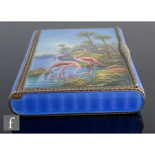 341 - A hallmarked silver and enamelled decorated rectangular box detailed with the study of two flamingoe... 