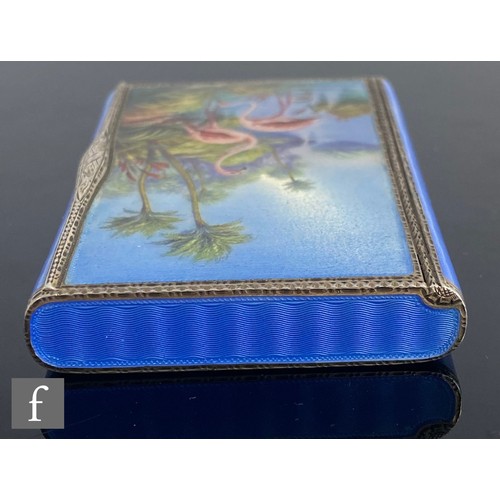 341 - A hallmarked silver and enamelled decorated rectangular box detailed with the study of two flamingoe... 