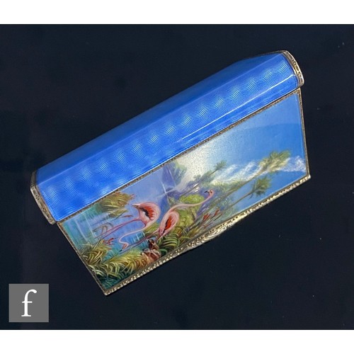 341 - A hallmarked silver and enamelled decorated rectangular box detailed with the study of two flamingoe... 