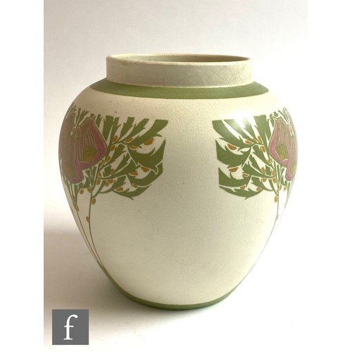 25 - A vase and cover in the Art Nouveau style decorated with stylised flowers and foliage to the bulbous... 