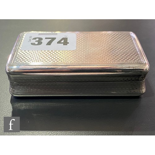 374 - A Georgian hallmarked silver cushioned rectangular snuff box with engine turned decoration to whole,... 