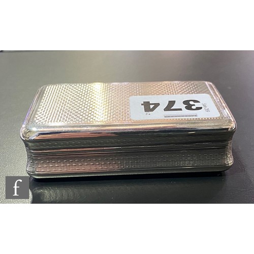 374 - A Georgian hallmarked silver cushioned rectangular snuff box with engine turned decoration to whole,... 