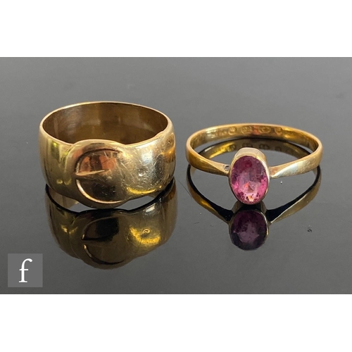 683 - A 9ct hallmarked buckle ring, weight 5g, with a 22ct hallmarked pink tourmaline single stone ring, w... 