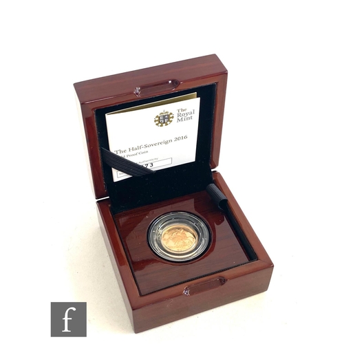 685 - An Elizabeth II half sovereign 2016, in mahogany case with certificate and booklet.