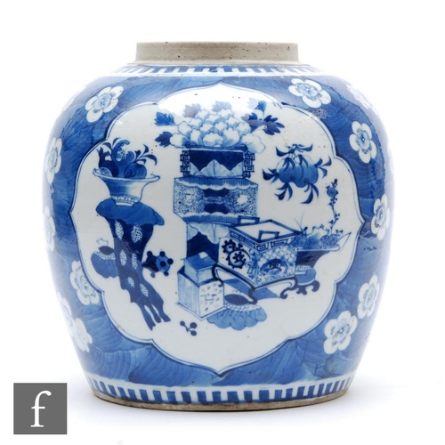 226 - A Chinese 19th Century blue and white jar, the cracked ice ground picked out with lotus blooms, the ... 