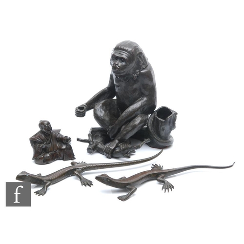 230 - A collection of Japanese bronze items, to include a pair of salamanders, length 23-25cm, a seated br... 