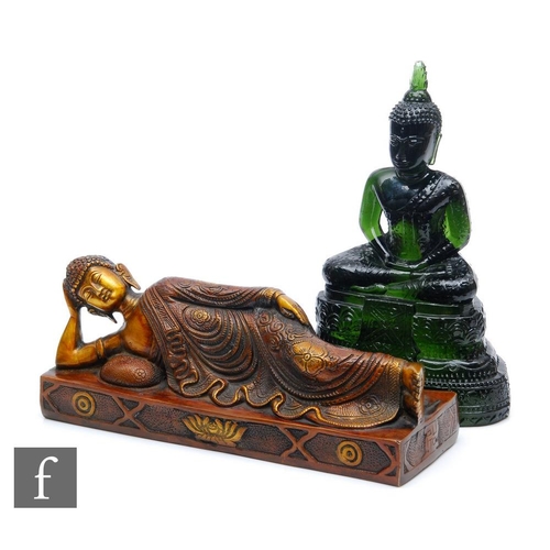 232 - A Chinese green pressed moulded glass figure of Buddha, seated in dhyanasana atop a pedestal base, h... 